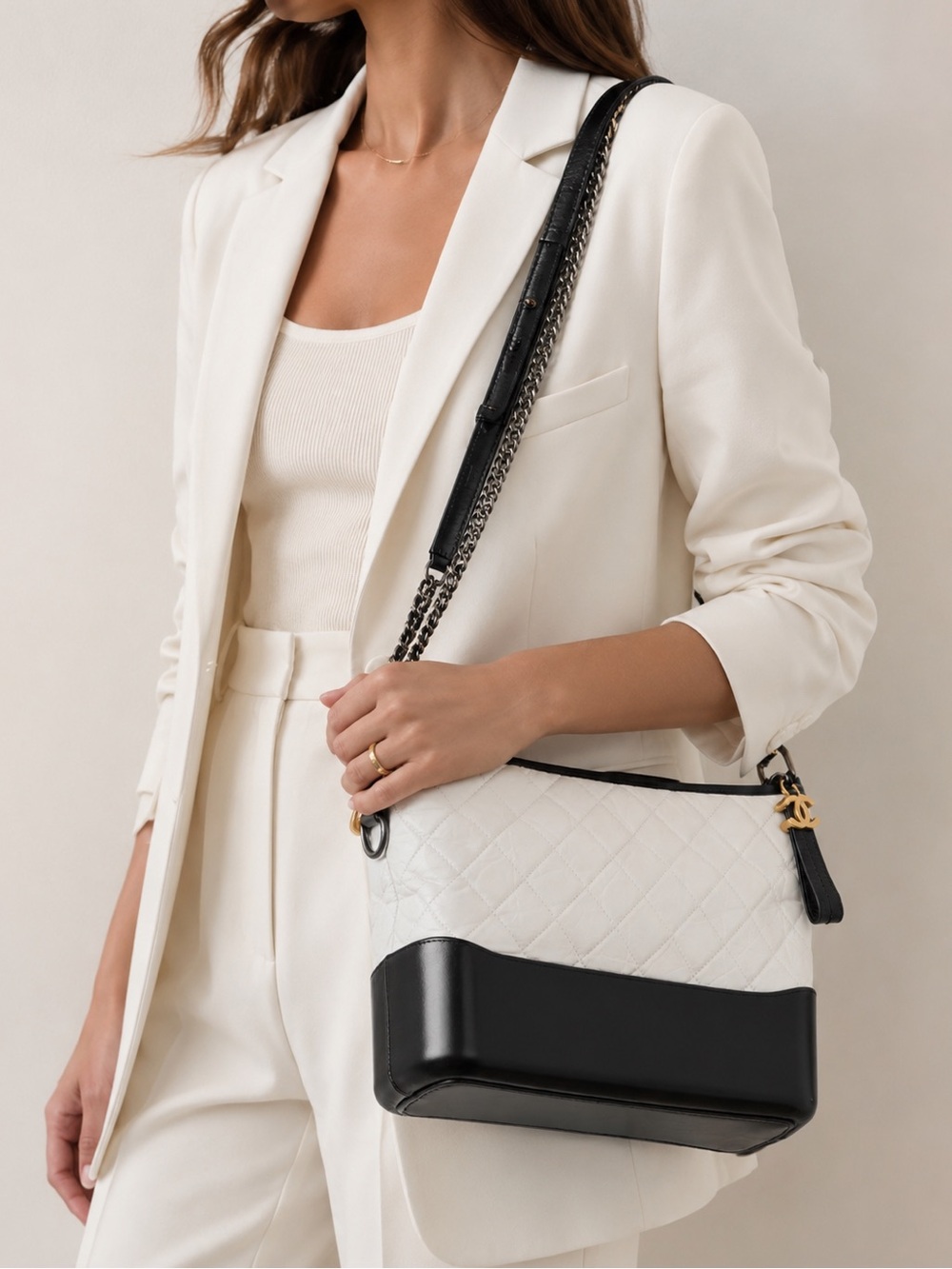 CHANEL Two-Tone Quilted Leather Shoulder Bag White Black Gold Hardware NWT Chain